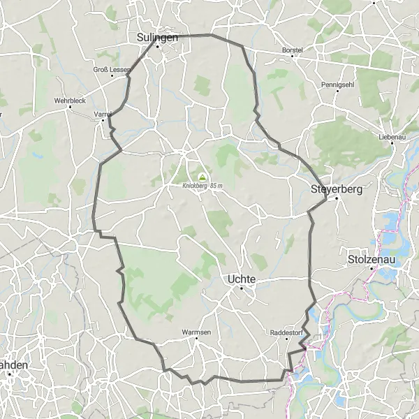 Map miniature of "Varrel Circuit" cycling inspiration in Hannover, Germany. Generated by Tarmacs.app cycling route planner