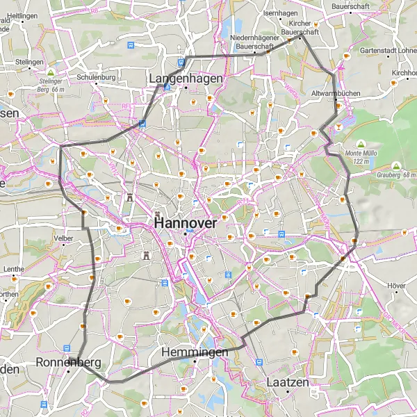 Map miniature of "Ronnenberg Explorer" cycling inspiration in Hannover, Germany. Generated by Tarmacs.app cycling route planner
