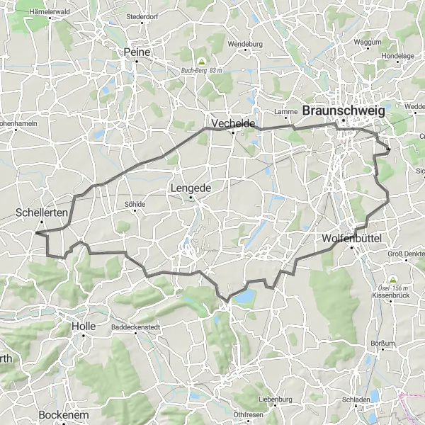 Map miniature of "Hoheneggelsen to Wolfenbüttel Adventure" cycling inspiration in Hannover, Germany. Generated by Tarmacs.app cycling route planner