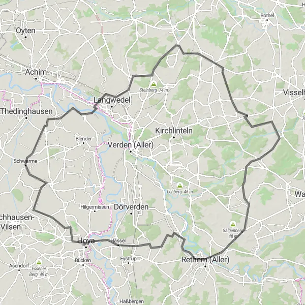 Karten-Miniaturansicht der Radinspiration "Radtour Daverden - Kirchwalsede - Stellichte - Rethem (Aller) - Hoya - Schwarme" in Hannover, Germany. Erstellt vom Tarmacs.app-Routenplaner für Radtouren