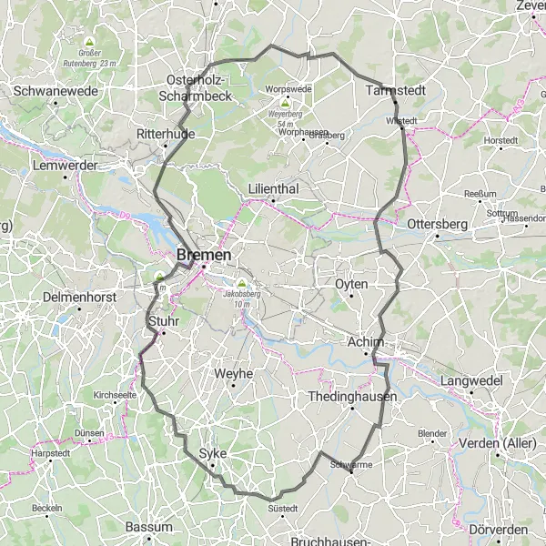 Karten-Miniaturansicht der Radinspiration "Radtour Wachendorf - Aussichtshügel Heulandsweg - Huchting - Walle - Osterholz-Scharmbeck - Tarmstedt - Bassen - Schwarme" in Hannover, Germany. Erstellt vom Tarmacs.app-Routenplaner für Radtouren