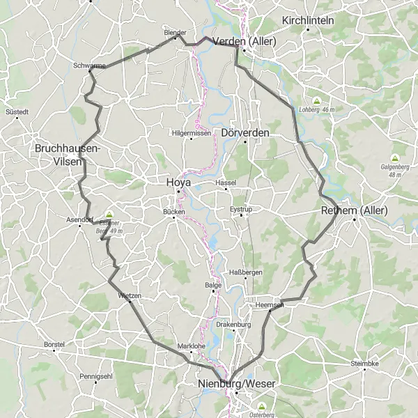 Map miniature of "The Verden Aller Road Adventure" cycling inspiration in Hannover, Germany. Generated by Tarmacs.app cycling route planner