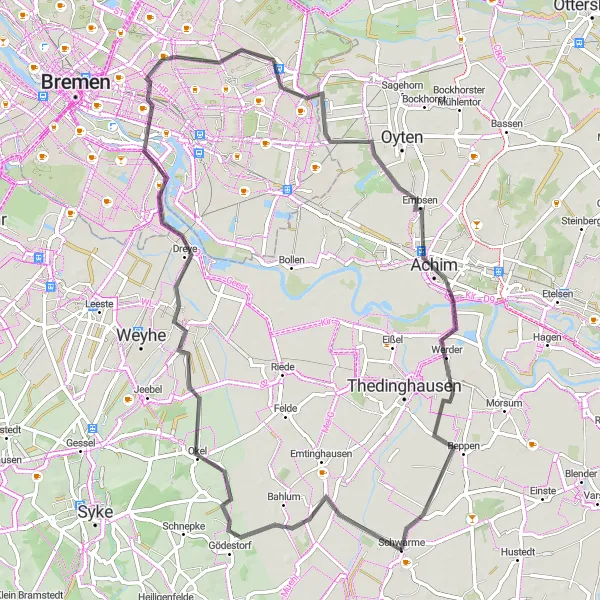Karten-Miniaturansicht der Radinspiration "Fahrradtour Gödestorf - Kirchweyhe - Achim - Schwarme" in Hannover, Germany. Erstellt vom Tarmacs.app-Routenplaner für Radtouren