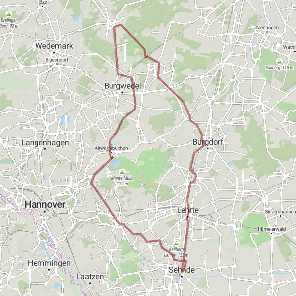 Map miniature of "Gravel Adventure from Sehnde" cycling inspiration in Hannover, Germany. Generated by Tarmacs.app cycling route planner