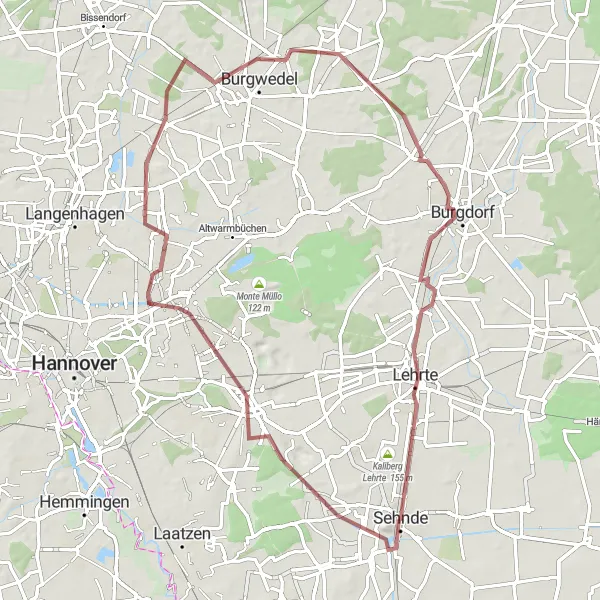 Map miniature of "Kaliberg Sehnde to Lehrte Gravel Loop Route" cycling inspiration in Hannover, Germany. Generated by Tarmacs.app cycling route planner