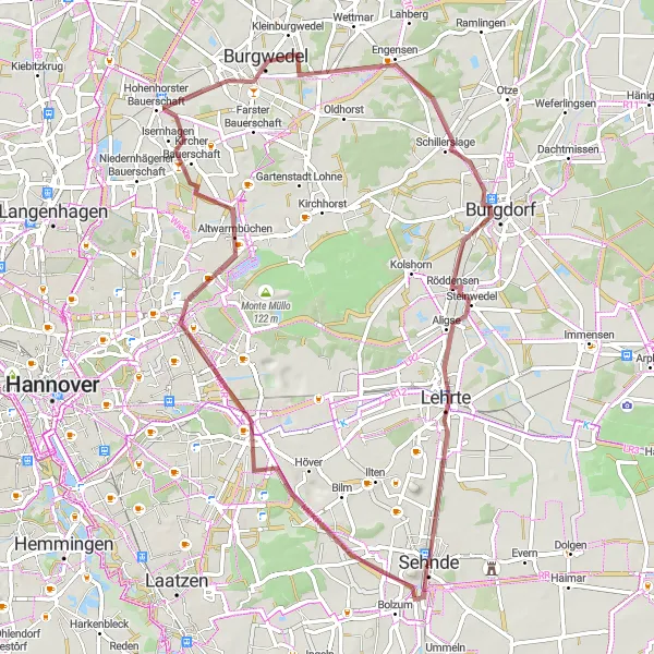 Map miniature of "Gravel Adventure: Kaliberg Sehnde and Lehrte Loop" cycling inspiration in Hannover, Germany. Generated by Tarmacs.app cycling route planner