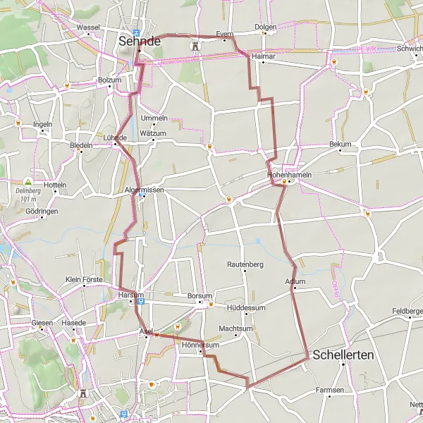 Map miniature of "Sehnde to Kaliberg Sehnde Gravel Loop" cycling inspiration in Hannover, Germany. Generated by Tarmacs.app cycling route planner