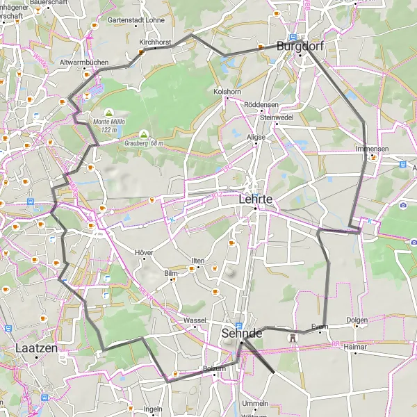 Map miniature of "Landschaftsfenster Kalimandscharo to Evern Road Loop" cycling inspiration in Hannover, Germany. Generated by Tarmacs.app cycling route planner