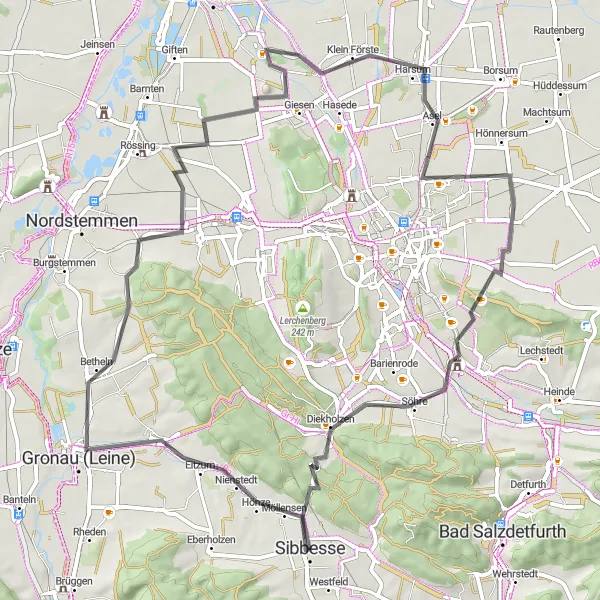 Karten-Miniaturansicht der Radinspiration "Rund um Sibbesse entlang historischer Sehenswürdigkeiten" in Hannover, Germany. Erstellt vom Tarmacs.app-Routenplaner für Radtouren