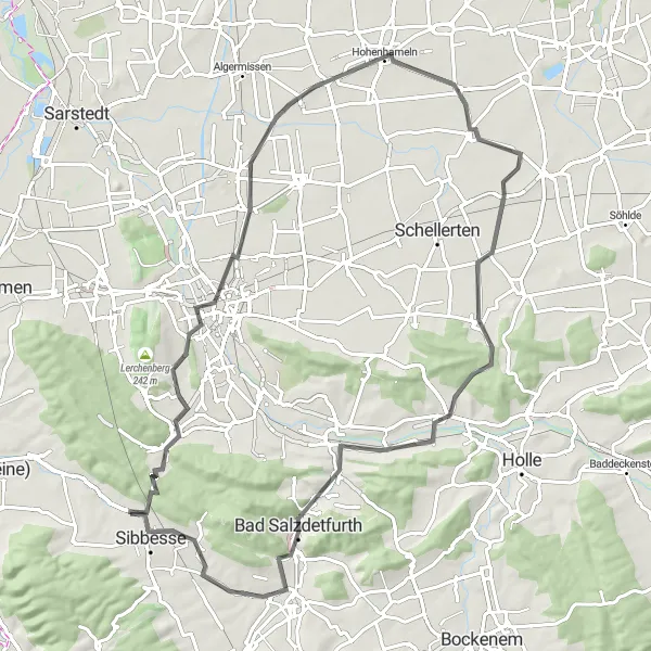 Map miniature of "Hildesheim Hills" cycling inspiration in Hannover, Germany. Generated by Tarmacs.app cycling route planner