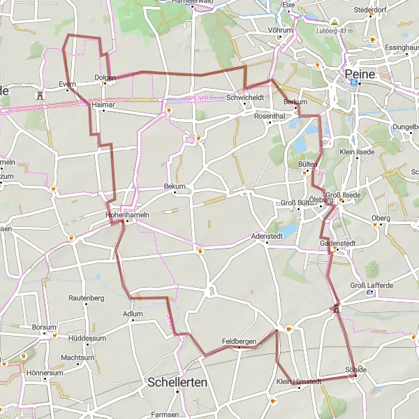 Map miniature of "Nature and History in Feldbergen and Berkum Gravel Route" cycling inspiration in Hannover, Germany. Generated by Tarmacs.app cycling route planner