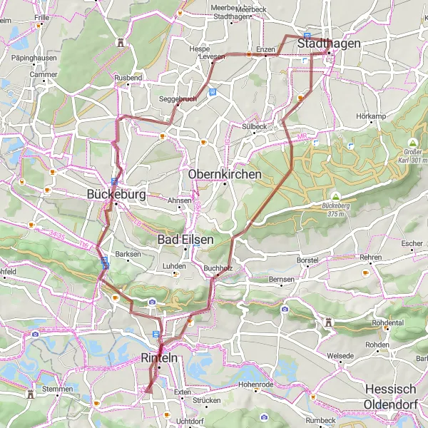 Map miniature of "Scenic Gravel Ride to Rinteln and Seggebruch" cycling inspiration in Hannover, Germany. Generated by Tarmacs.app cycling route planner