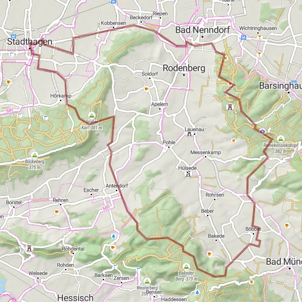 Map miniature of "Challenging Gravel Tour to Bad Nenndorf and Großer Karl" cycling inspiration in Hannover, Germany. Generated by Tarmacs.app cycling route planner