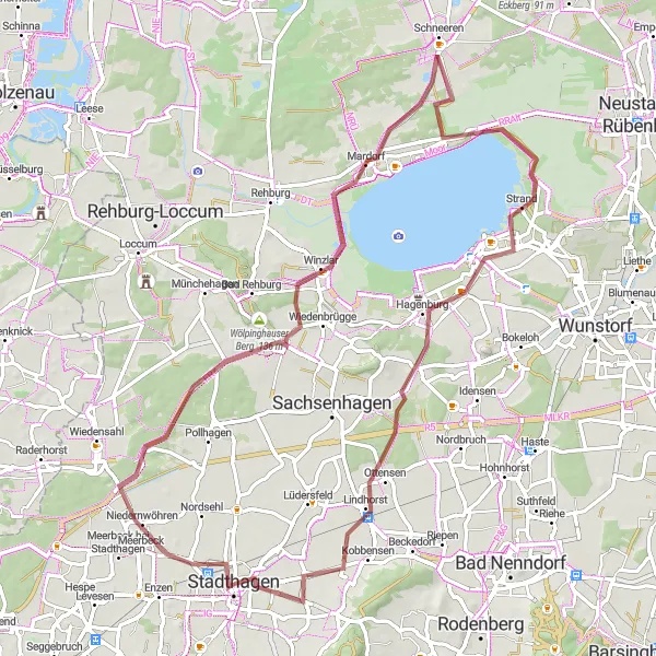Map miniature of "Discovering Meerbeck and Steinhude by Gravel" cycling inspiration in Hannover, Germany. Generated by Tarmacs.app cycling route planner