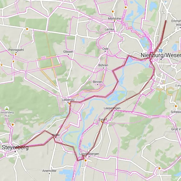 Karten-Miniaturansicht der Radinspiration "Gravel-Tour nach Nienburg/Weser und Liebenau" in Hannover, Germany. Erstellt vom Tarmacs.app-Routenplaner für Radtouren