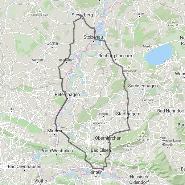 Map miniature of "Steyerberg - Minden Round-trip Cycling Route" cycling inspiration in Hannover, Germany. Generated by Tarmacs.app cycling route planner