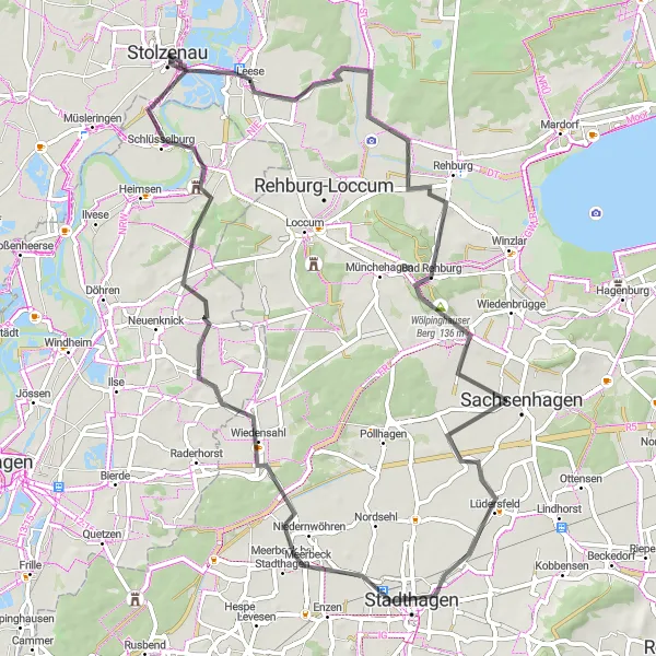 Map miniature of "Road Cycling: Stolzenau - Burg Schlüsselburg Loop" cycling inspiration in Hannover, Germany. Generated by Tarmacs.app cycling route planner