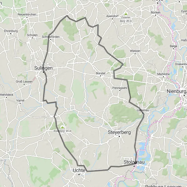 Map miniature of "Uchte and Liebenau" cycling inspiration in Hannover, Germany. Generated by Tarmacs.app cycling route planner