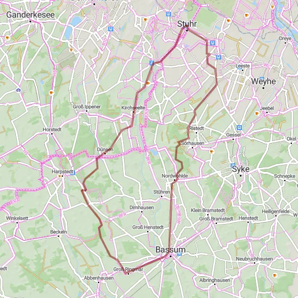 Karten-Miniaturansicht der Radinspiration "Gravel-Abenteuer rund um Stuhr" in Hannover, Germany. Erstellt vom Tarmacs.app-Routenplaner für Radtouren