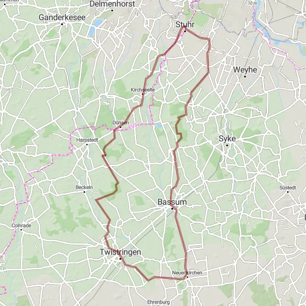 Karten-Miniaturansicht der Radinspiration "Gravel-Tour durch Stuhr und Nordwohlde" in Hannover, Germany. Erstellt vom Tarmacs.app-Routenplaner für Radtouren