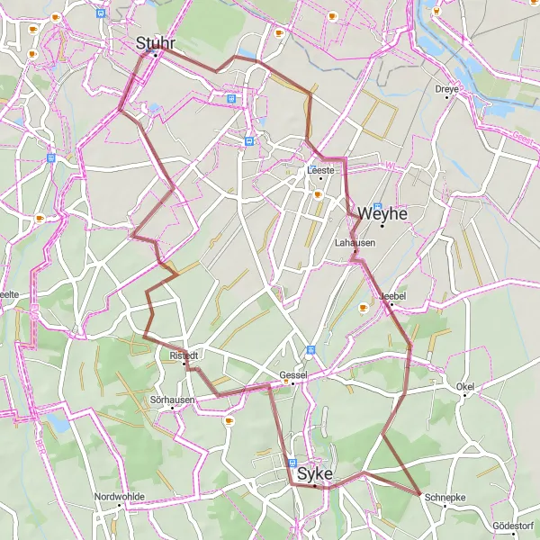 Map miniature of "Weyhe Trail" cycling inspiration in Hannover, Germany. Generated by Tarmacs.app cycling route planner