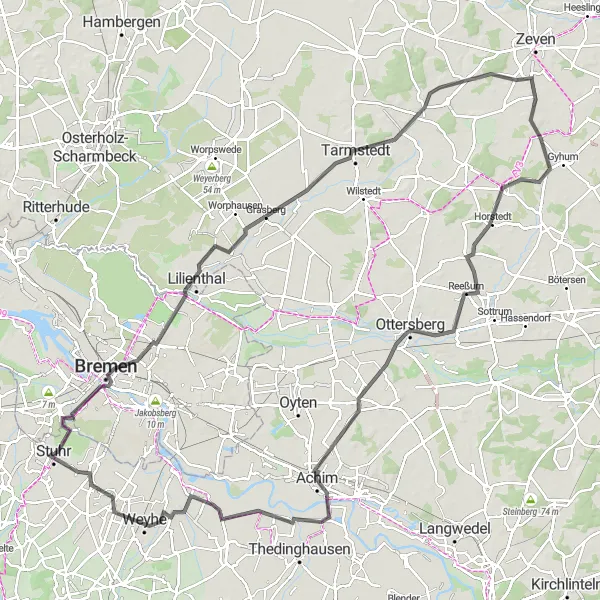 Map miniature of "Bremen Rural Circuit (Road)" cycling inspiration in Hannover, Germany. Generated by Tarmacs.app cycling route planner