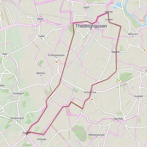 Map miniature of "Gravel Adventure through Thedinghausen" cycling inspiration in Hannover, Germany. Generated by Tarmacs.app cycling route planner