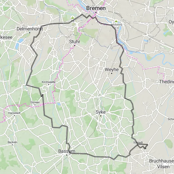 Map miniature of "Bassum to Bremen: Urban and Rural Fusion" cycling inspiration in Hannover, Germany. Generated by Tarmacs.app cycling route planner