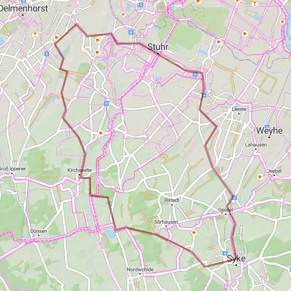 Map miniature of "Scenic Gravel Route from Syke to Kirchseelte" cycling inspiration in Hannover, Germany. Generated by Tarmacs.app cycling route planner