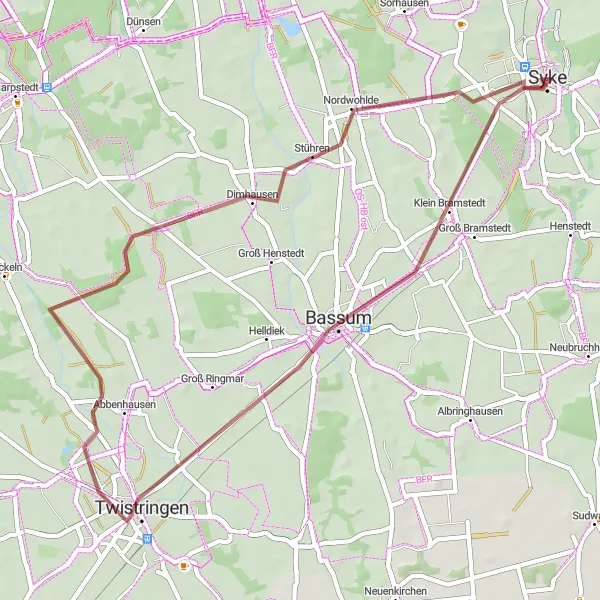 Map miniature of "Syke to Wolfsschlucht Gravel Cycling Discovery" cycling inspiration in Hannover, Germany. Generated by Tarmacs.app cycling route planner