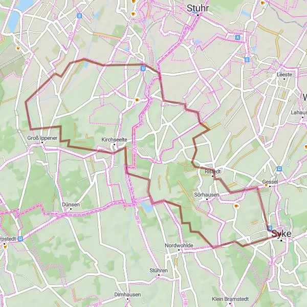 Karten-Miniaturansicht der Radinspiration "Gravel-Radtour von Syke nach Kirchseelte" in Hannover, Germany. Erstellt vom Tarmacs.app-Routenplaner für Radtouren