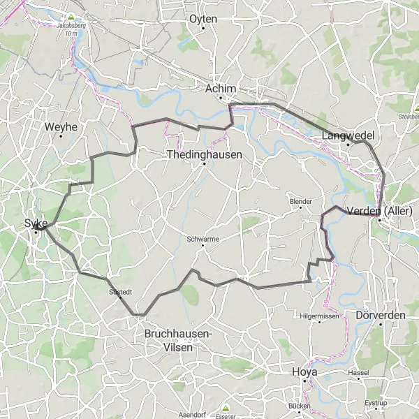 Map miniature of "Road Tour to Verden and Langwedel" cycling inspiration in Hannover, Germany. Generated by Tarmacs.app cycling route planner