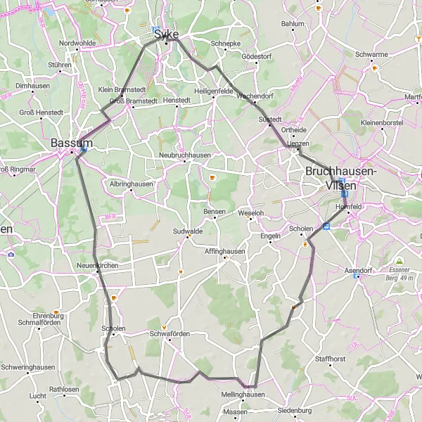 Map miniature of "Syke to Wolfsschlucht Road Cycling Route" cycling inspiration in Hannover, Germany. Generated by Tarmacs.app cycling route planner