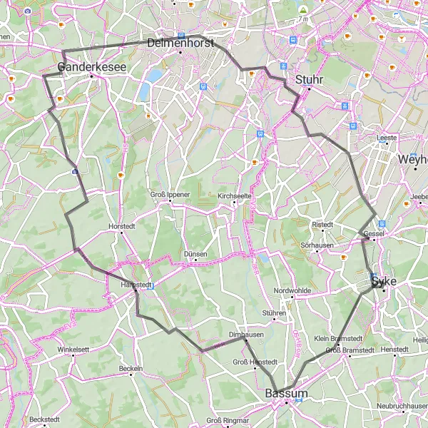 Map miniature of "Exploring Road Routes: Syke to Delmenhorst" cycling inspiration in Hannover, Germany. Generated by Tarmacs.app cycling route planner