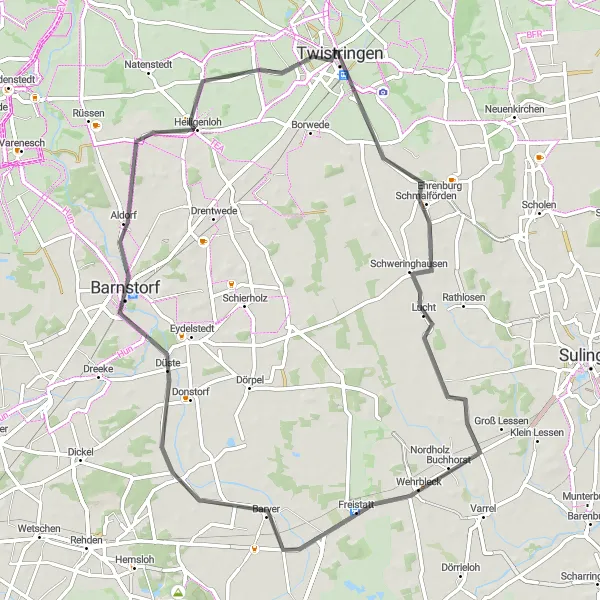 Map miniature of "Twistringen to Barnstorf Road Route" cycling inspiration in Hannover, Germany. Generated by Tarmacs.app cycling route planner