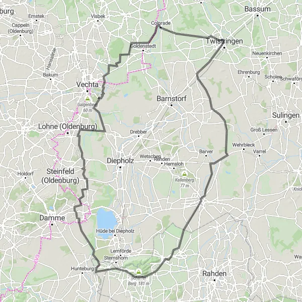 Map miniature of "Twistringen to Altenmarhorst Road Cycling Route" cycling inspiration in Hannover, Germany. Generated by Tarmacs.app cycling route planner