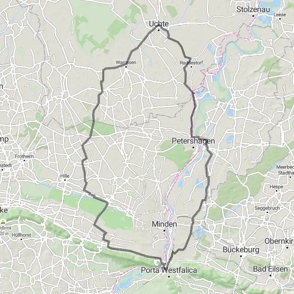 Map miniature of "Uchte to Dützer Berg Circuit" cycling inspiration in Hannover, Germany. Generated by Tarmacs.app cycling route planner