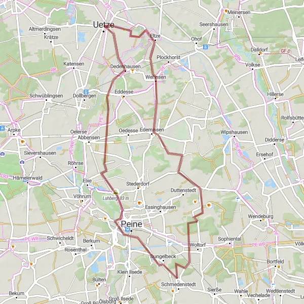 Map miniature of "Eltze to Dedenhausen Gravel Route" cycling inspiration in Hannover, Germany. Generated by Tarmacs.app cycling route planner