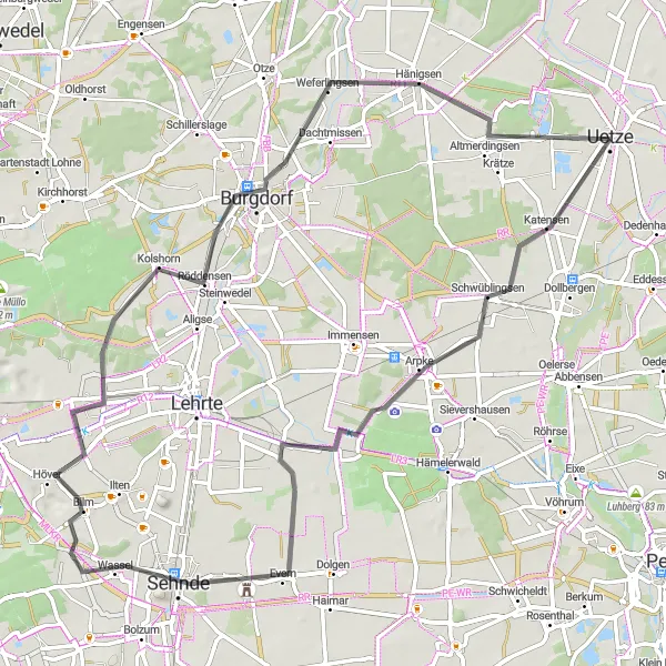 Map miniature of "Rural Road Adventure" cycling inspiration in Hannover, Germany. Generated by Tarmacs.app cycling route planner
