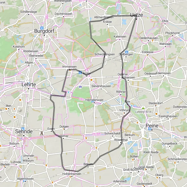 Karten-Miniaturansicht der Radinspiration "Straßenabenteuer rund um Uetze" in Hannover, Germany. Erstellt vom Tarmacs.app-Routenplaner für Radtouren