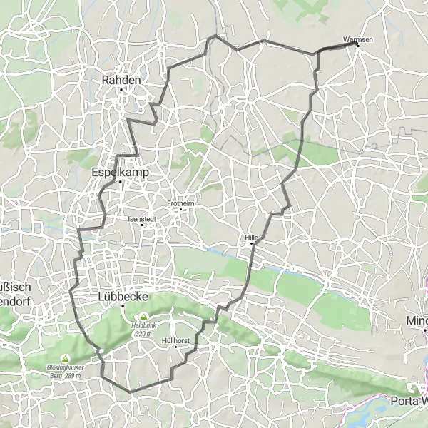 Map miniature of "Hille to Espelkamp Road Adventure" cycling inspiration in Hannover, Germany. Generated by Tarmacs.app cycling route planner