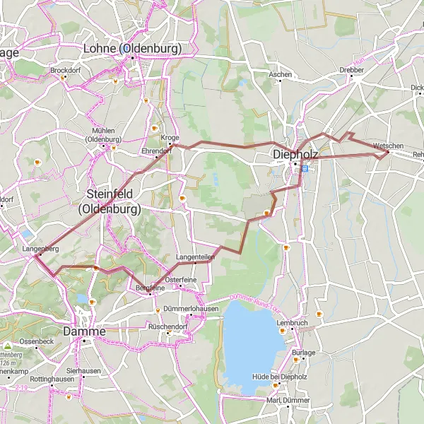 Map miniature of "Diepholzer Schloss & Steinfeld Gravel Route" cycling inspiration in Hannover, Germany. Generated by Tarmacs.app cycling route planner