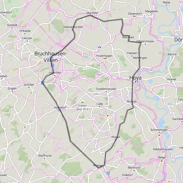 Map miniature of "Wietzen to Hoya" cycling inspiration in Hannover, Germany. Generated by Tarmacs.app cycling route planner