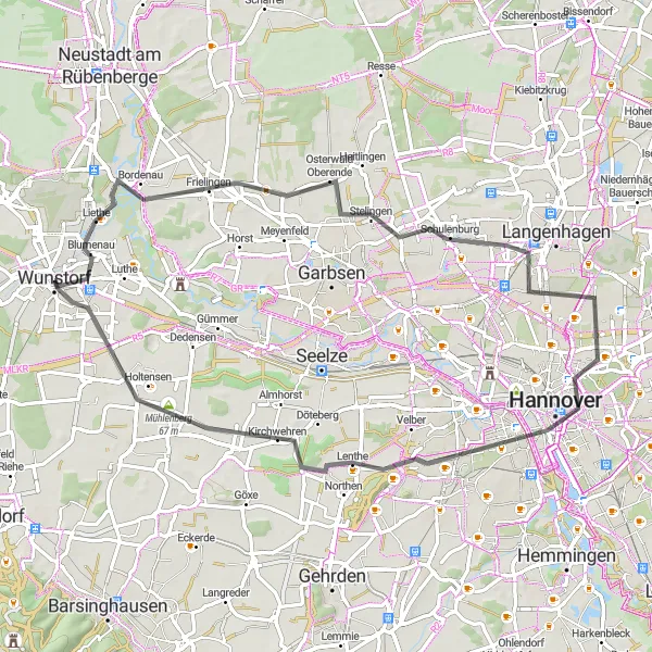 Map miniature of "Lindener Berg Road Adventure" cycling inspiration in Hannover, Germany. Generated by Tarmacs.app cycling route planner