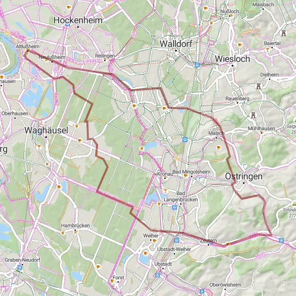 Karten-Miniaturansicht der Radinspiration "Gravelabenteuer rund um Altlußheim" in Karlsruhe, Germany. Erstellt vom Tarmacs.app-Routenplaner für Radtouren