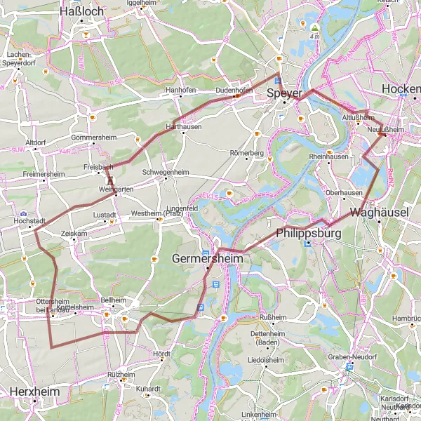 Map miniature of "The Gravel Rheinbalkon Loop" cycling inspiration in Karlsruhe, Germany. Generated by Tarmacs.app cycling route planner