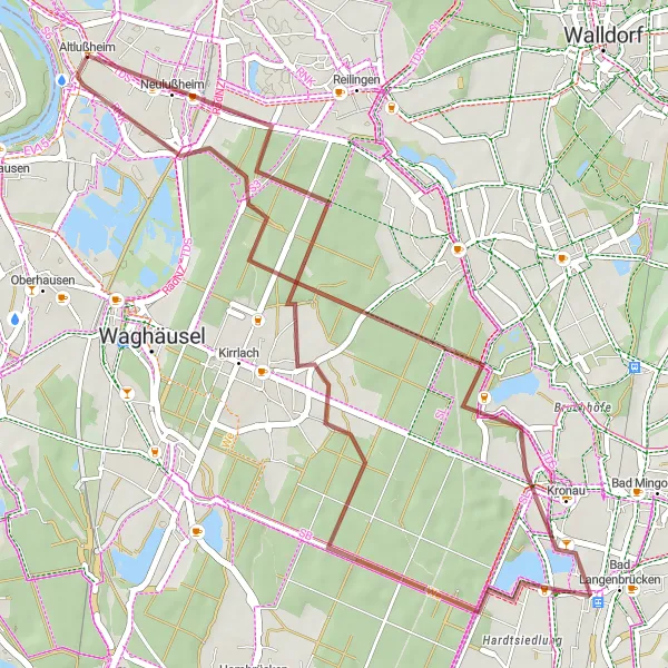 Map miniature of "The Three Towns Gravel Loop" cycling inspiration in Karlsruhe, Germany. Generated by Tarmacs.app cycling route planner