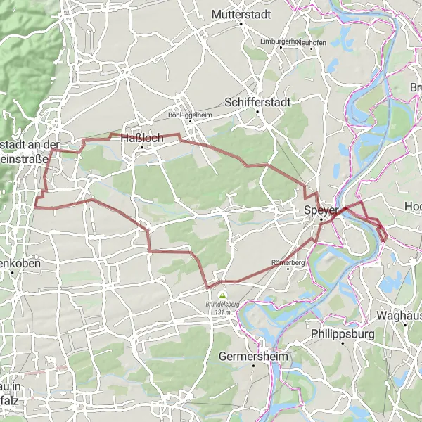 Map miniature of "Speyer and Beyond Gravel Adventure" cycling inspiration in Karlsruhe, Germany. Generated by Tarmacs.app cycling route planner