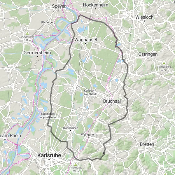 Karten-Miniaturansicht der Radinspiration "Reliefreiche Radtour durch die Kurpfalz" in Karlsruhe, Germany. Erstellt vom Tarmacs.app-Routenplaner für Radtouren