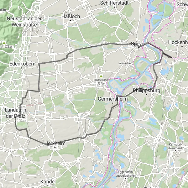 Map miniature of "Rheinblick Classic Road Loop" cycling inspiration in Karlsruhe, Germany. Generated by Tarmacs.app cycling route planner